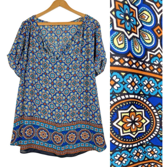 Daniel Rainn Sz 2X Tunic Blouse Top Blue Geometric V Neck Peasant Boho Festival - Picture 1 of 11